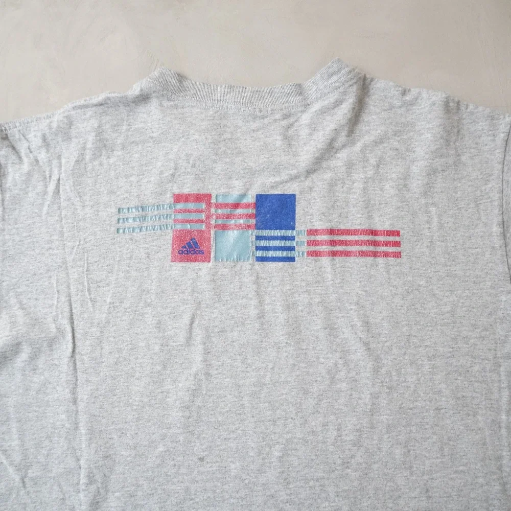 Vintage Adidas T-Shirt Large Mens 90s Gray Graphic 3 Stripe Geometric Sportswear